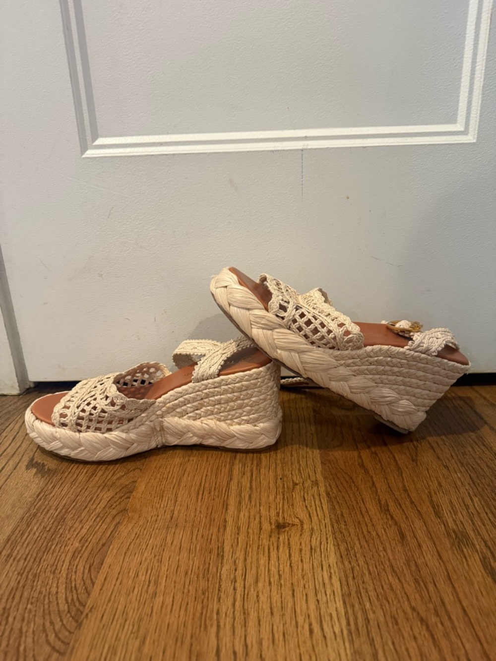 Tory Burch Cream Crochet Wedge Sandals with Gold Buckle - Picture 3 of 6